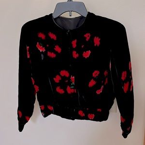 Vintage Mid-Century Black & Red Velvet Floral Cropped Top Shirt Jacket Small